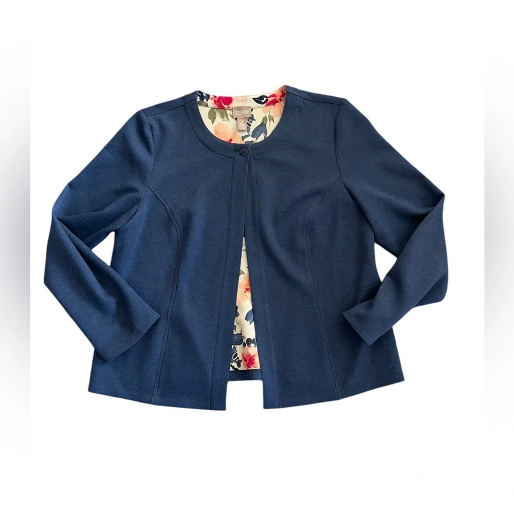 Chico’s blazer blue with floral lining, single button closure size large